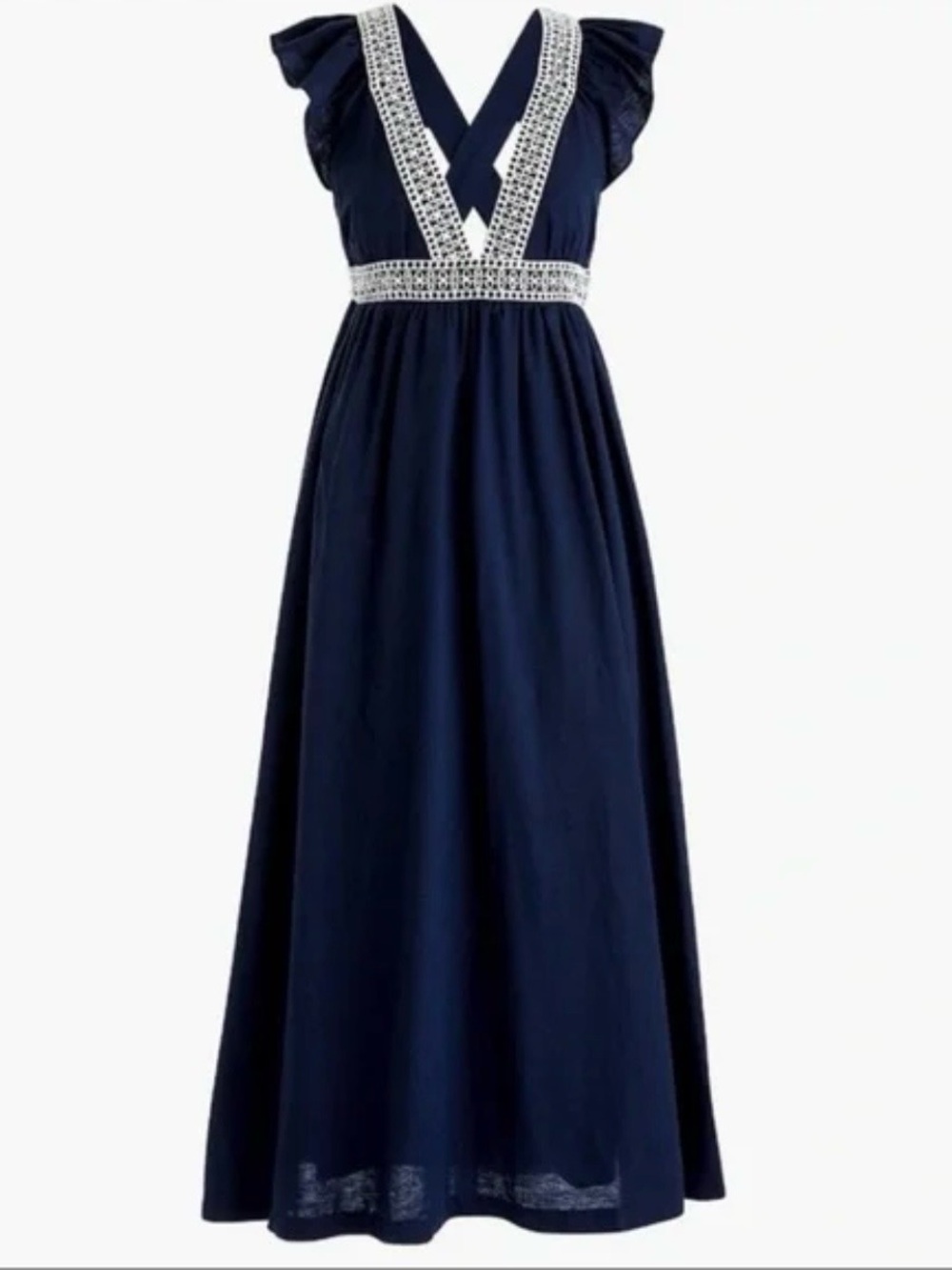 J Crew Navy Maxi Dress with White Embroidered Trim